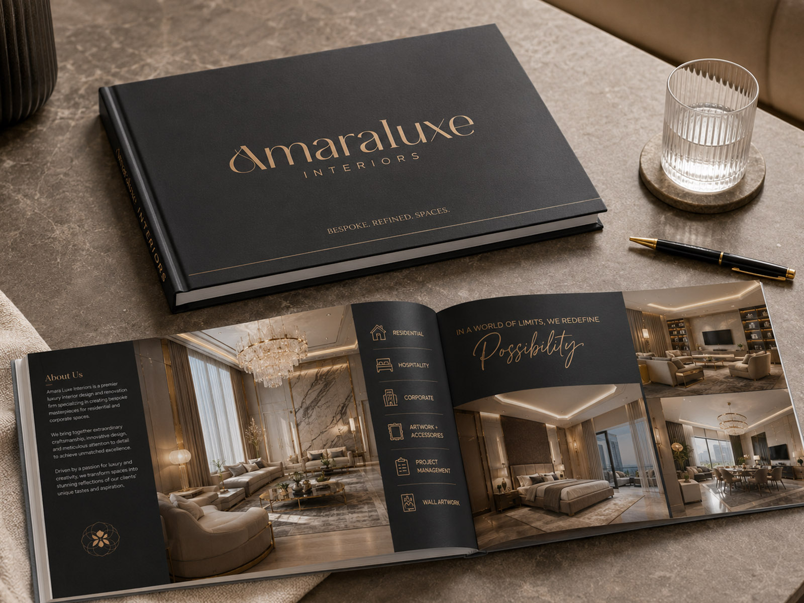 Amaraluxe Interiors brand application mockup